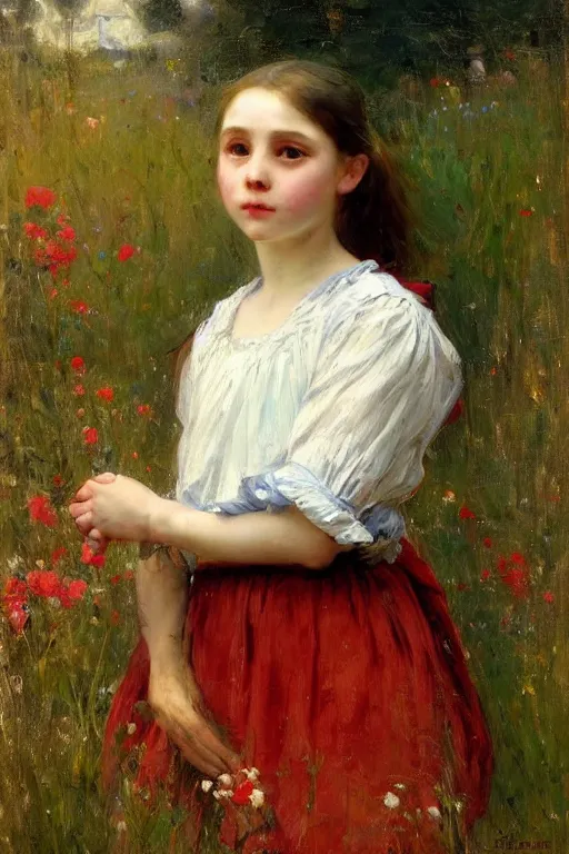 Image similar to Solomon Joseph Solomon and Richard Schmid and Jeremy Lipking victorian genre painting portrait painting of a beautiful young village girl in an open field of flowers, red background