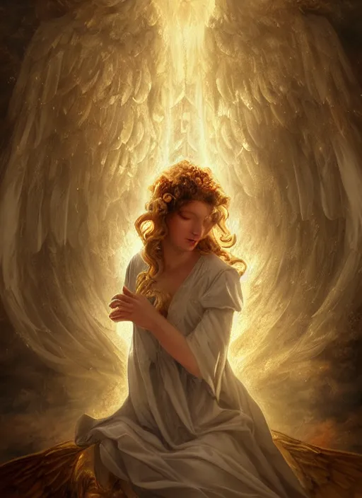 Image similar to angel landed under the gates of heaven, rococo style, magic, holy light, tyndall effect, high definition, lots of details, by wlop