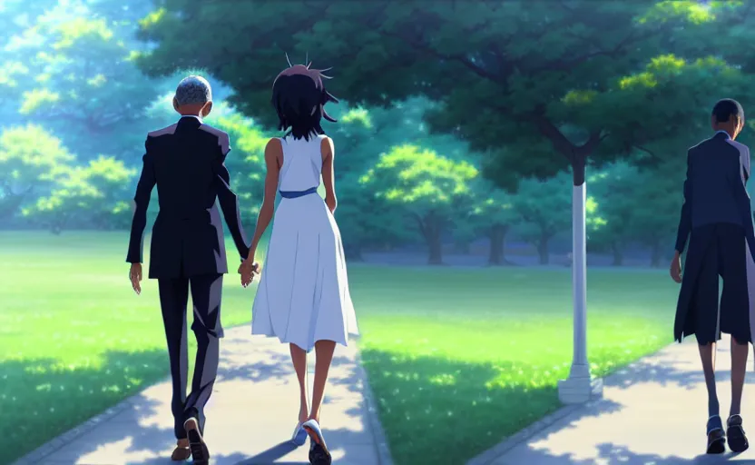 Prompt: beautiful makoto shinkai anime style digital painting portrait of barack obama at the white house walking away from michelle obama, heartbroken, 4 k, 8 k, hd, high resolution, highly detailed, intricate detail, ultra realistic faces, digital art, trending on artstation, your name, weathering with you