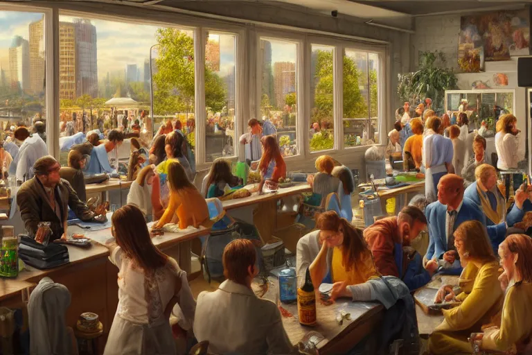 Image similar to ( ( a beautiful 8 k photorealistic masterpiece oil painting ) ( of ( utopia of a society where people are happy at work ) ) ( hyperrealism ) ( 1 6 k ) ( trending on artstation )