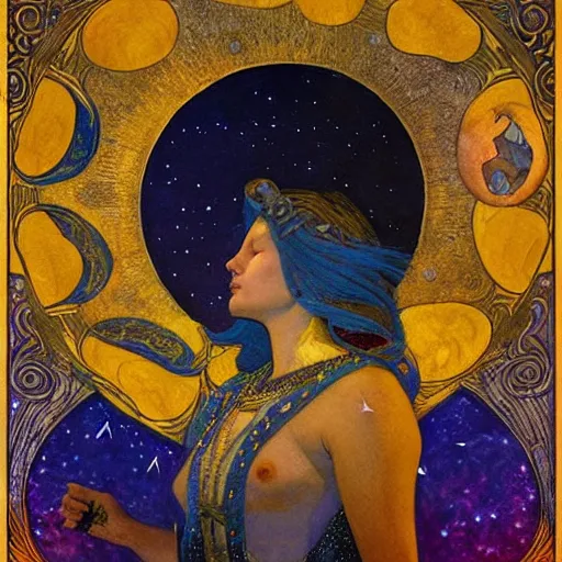 Image similar to queen of the moon with stars in her hair, by nicholas roerich and annie swynnerton and donato giancola and dulac and elihu vedder, dramatic lighting, god rays, geometric tattoos, rich colors, smooth sharp focus, extremely detailed, leo and diane dillon, adolf wolfli