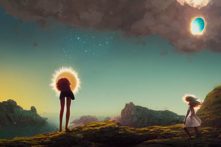 Image similar to giant white daisy flower over head, girl standing on rocky cliff, surreal photography, solar eclipse, milky way, dramatic light, impressionist painting, colorful clouds, digital painting, artstation, james gilleard, liam wong, jeremy mann, simon stalenhag