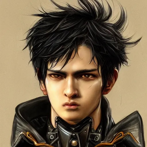 Prompt: portrait of a man by ayami kojima, black, french, he is about 2 0 years old, short black hair, annoyed older brother vibes, he is wearing a steampunk tactical gear, highly detailed portrait, digital painting, artstation, concept art, smooth, sharp foccus ilustration, artstation hq