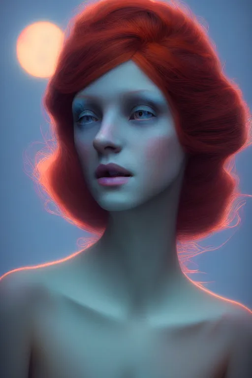 Image similar to Bioluminescent, portrait of redhead woman, very intricate , very elegant, in the golden hour by Daniel Merriam, Trending on Artstation, oil on Canvas by Elena Zhurikhina and Goro Fujita and Charlie Bowater, octane render, 4k, 8k, HD