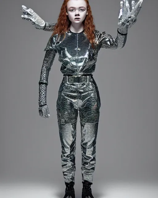 Image similar to full body shot of sadie sink dressed in futuristic cyberpunk clothing, soft diffused light, bjork aesthetic, translucent, by rineke dijkstra and artgerm, intricate details, highly detailed, masterpiece, 8 5 mm