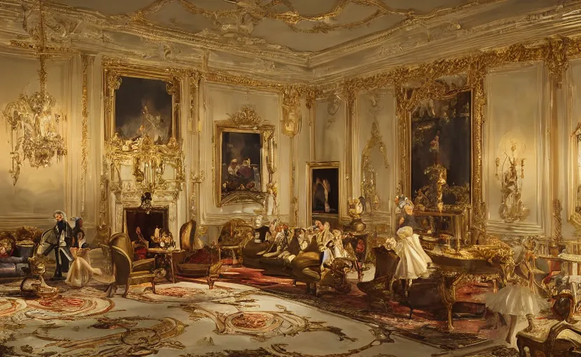 Image similar to realist rococo painting of a 1 9 2 0 s grand party in a beautiful mansion, many partygoers, strong contrast, unreal engine, hyper realism, realistic shading, cinematic composition, realistic render, octane render, detailed textures, photorealistic, ultrawide shot, 3 5 mm film