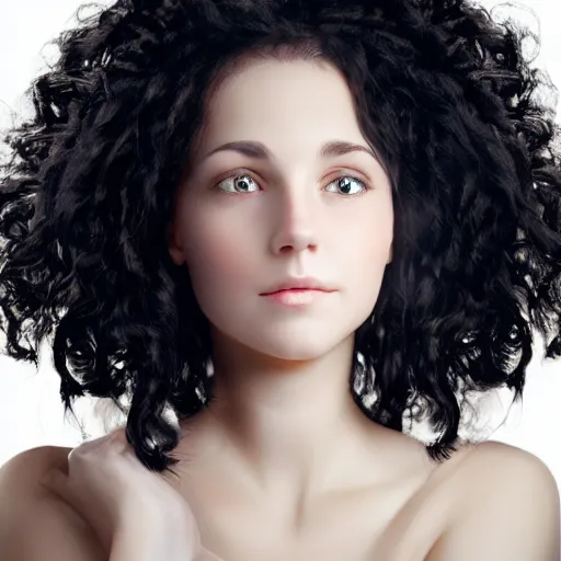 Image similar to portrait of a young lady with curly black hair with, round face, big brown eyes, volumetric lighting,