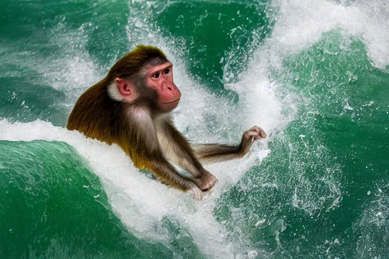 Image similar to monkey surfing on a green sea wave, natural lighting, highly detailed, 4 k, ultra hd