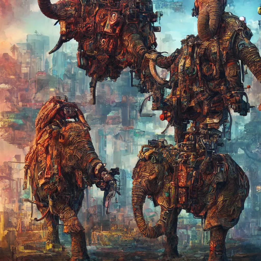 Image similar to war cyberpunk elephant with machine gun mounted in a vivid color jungle, 4 k, detailed, digital art