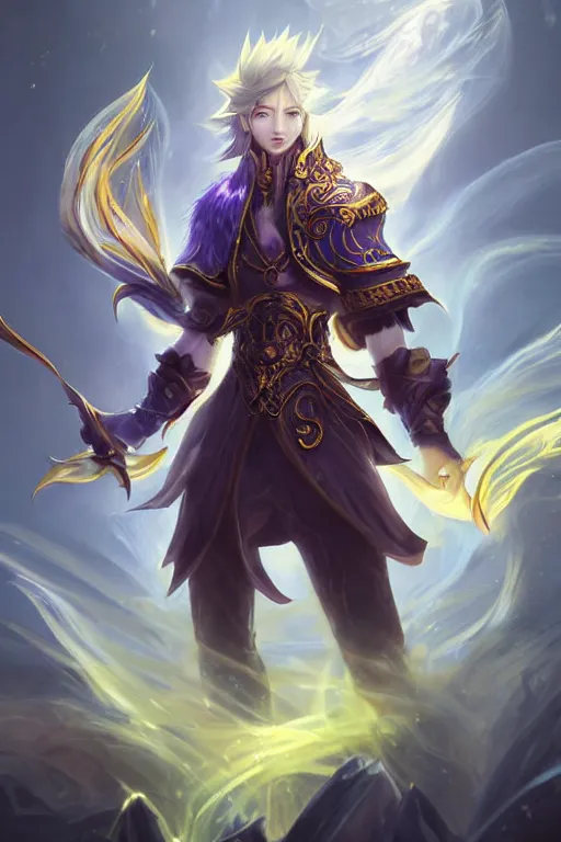 Image similar to fullbody portrait of a male fit hero with strange hairs, soft smile, baroque cloth, luminous scene, final fantasy and league of legends champion, by chengwei pan and sakimichan, gradient white to gold, in front of an iridescent magical building background, highly detailed portrait, digital painting, smooth, focus illustration