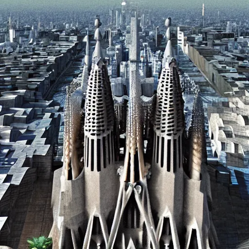 Prompt: sagrada - familia - empire state hybrid, architectural render, cg society