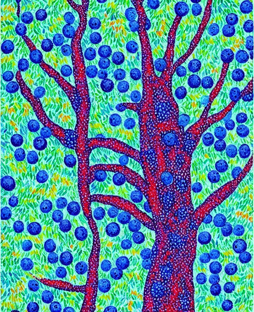 Prompt: a painting of a tree with blue berries on it, a pointillism painting by laurel burch, pinterest contest winner, mail art, vivid colors, whimsical, fauvism