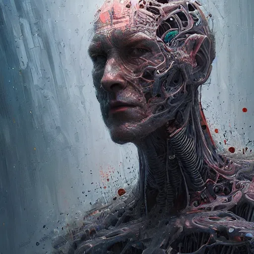 Prompt: portrait art of an ultradetailed evil cyborg made of neuronal networks, by greg rutkowski and Zdzisław Beksiński, digital painting, 8k, intricate, futuristic, dramatic light, trending on cg society