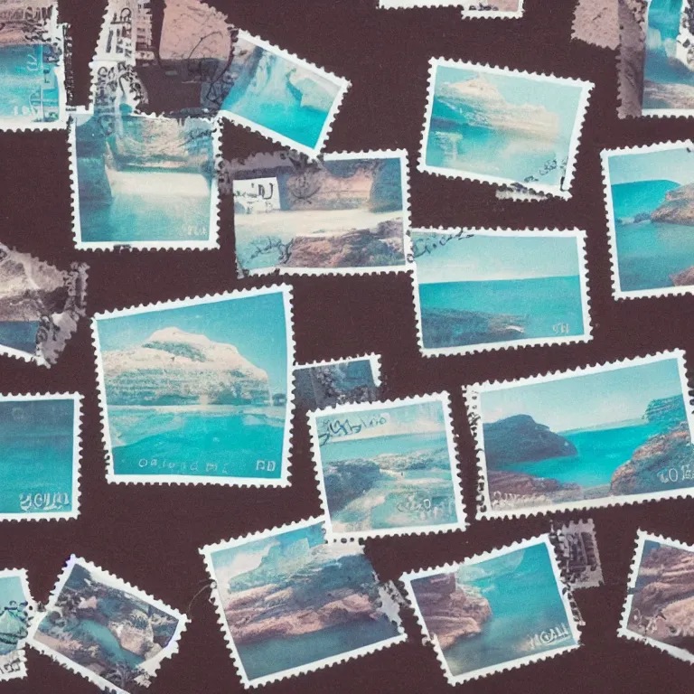 Image similar to stamps of a turquoise canyon, film, soft lighting, album art