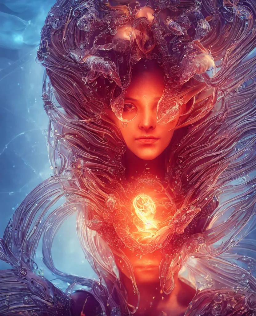 Image similar to close-up macro portrait of the face of a beautiful princess, epic angle and pose, symmetrical artwork, 3d with depth of field, blurred background, cybernetic jellyfish female face skull phoenix bird, translucent, nautilus, energy flows of water and fire. a highly detailed epic cinematic concept art CG render. made in Maya, Blender and Photoshop, octane render, excellent composition, cinematic dystopian brutalist atmosphere, dynamic dramatic cinematic lighting, aesthetic, very inspirational, arthouse. y Greg Rutkowski, Ilya Kuvshinov, WLOP, Stanley Artgerm Lau, Ruan Jia and Fenghua Zhong