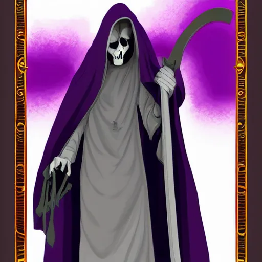 Image similar to grim reaper, purple cloak, full body