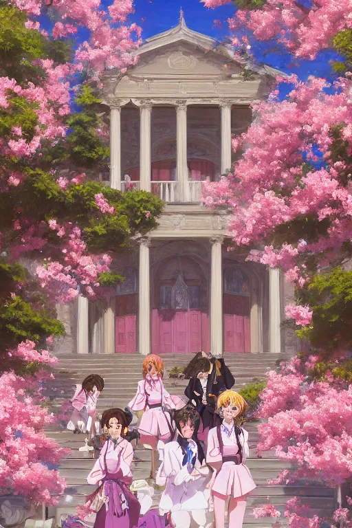 Prompt: painting of ouran highschool host club academy, front view, rococo style, greek architecture, pink marble building, sakura trees, sakura season dynamic lighting, landscape, artwork by jeremy lipkin and giuseppe dangelico pino and michael garmash and rob rey and greg manchess and huang guangjian and makoto shinkai, pixiv, 1 0 0 mm