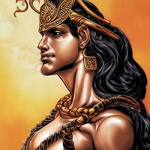 Prompt: greek amazon warrior, a tall beautiful dignified woman with bronzed skin, long raven hair and golden dressed in hellenistic greek armour, symmetrical face, detailed features, intricate, elegant, highly detailed, smooth, sharp focus, detailed face, high contrast, graphic novel, art by michael choi and joe madureira,