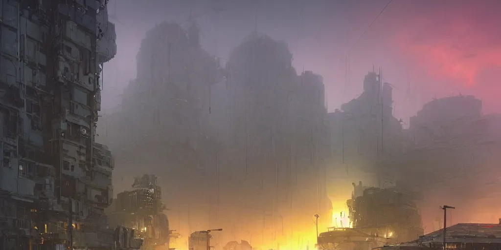 Prompt: bright render of huge mecha, by Ian McQue, Rutkowski, lee madgwick and hubert robert, concrete building by le corbusier on the background, puddles of water, trees and bushes, blade runner style, neon glow, vivid color, moody lighting, unreal engine, sunrise, epic skies, foggy
