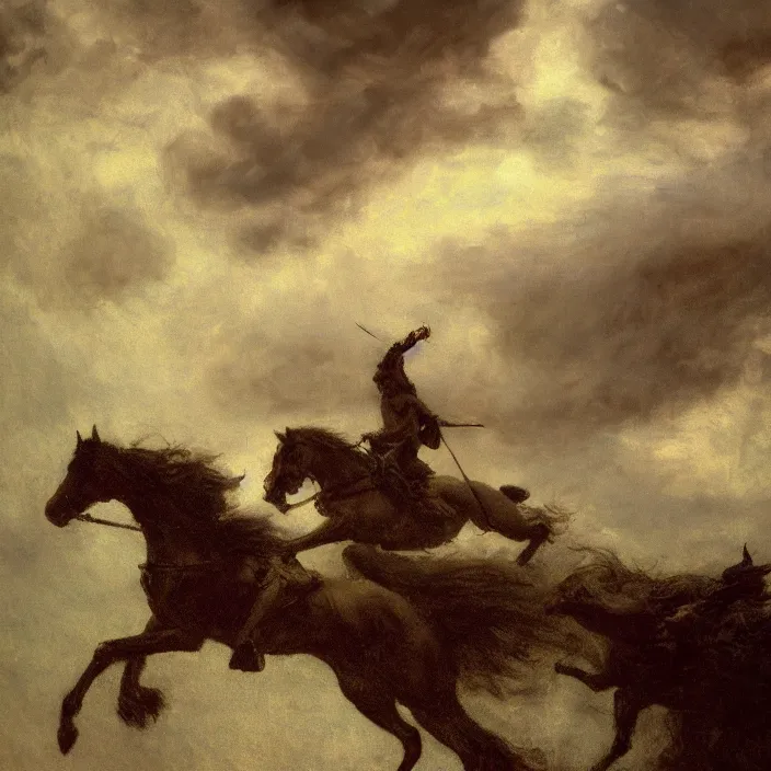 Prompt: medium shot, low-angle, painting of wild hunt in the sky, ghostly riders, dark clouds, rain, lightning, night, beautiful, dark academia aesthetic, magic vibes, soft lighting, by George Roux, by Monet, by oil on canvas, Royal Academy, masterpiece, trending on artstation, cinematic composition, dramatic pose, beautiful lighting, sharp, details, hyper-detailed, HD