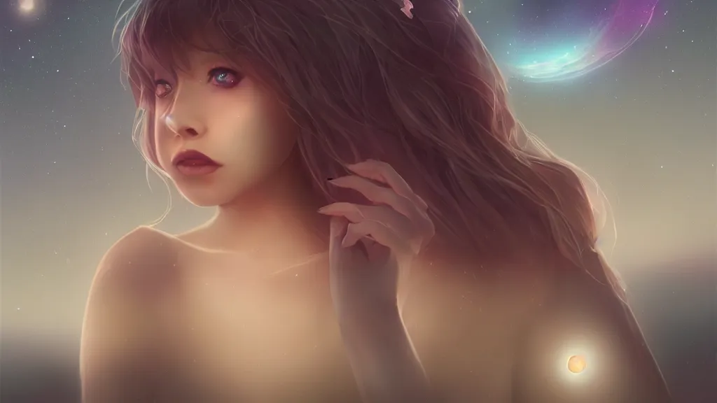 Image similar to whimsical, a single beautiful playful woman, wearing professional makeup, standing in a lake, under the stars, with a binary black hole with a ring in the sky, by Lois van Baarle, by Greg Rutkowski, by artgerm, by ross tran, cinematic angle, face enhance, volumetric lighting, cinematic lighting, digital art, 4k resolution, octane render, trending on artstation, masterpiece