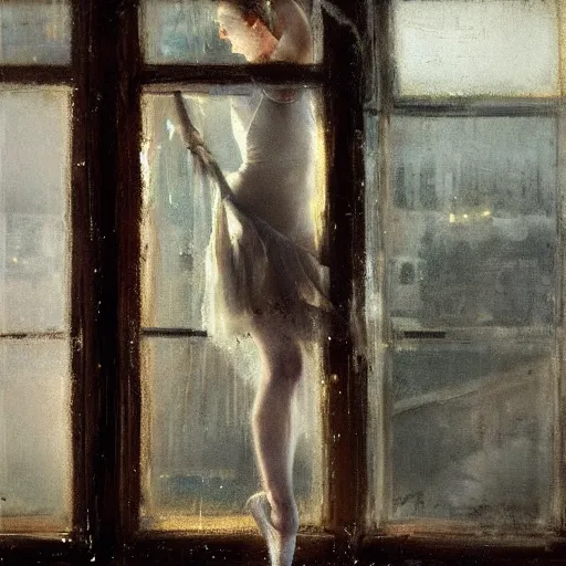 Image similar to the lone ballerina in the soft window light, by jeremy mann, anders zorn.