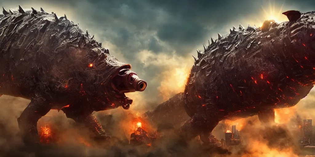 Image similar to beautiful extreme wide photo of an enormous mechanized metal pig kaiju destroying a philidelphia, cinematic, in the style of a hollywood blockbuster monster movie