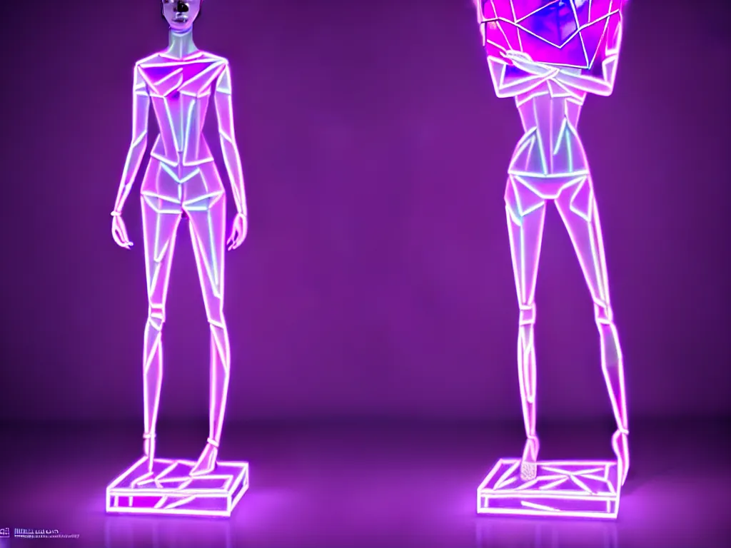 Image similar to beautiful mannequin sculpted out of amethyst by billelis + lit with purple 3 d geometric neon + chrome geometric cubed bonsai plants!!!!, doorway opening with neon pink geometric light, clean linework, dramatic, finely detailed, rule of thirds, moody, confident, award winning, 4 k, trending on artstation, photorealistic, volumetric lighting, octane render