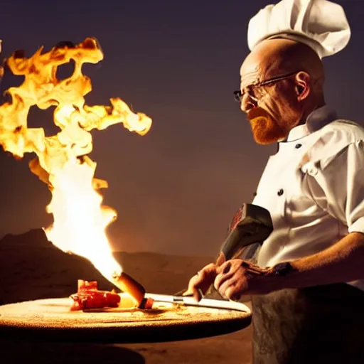 Image similar to walter white cooking a pizza with a blowtorch in the desert, cinematic view, dramatic pose, dramatic lighting