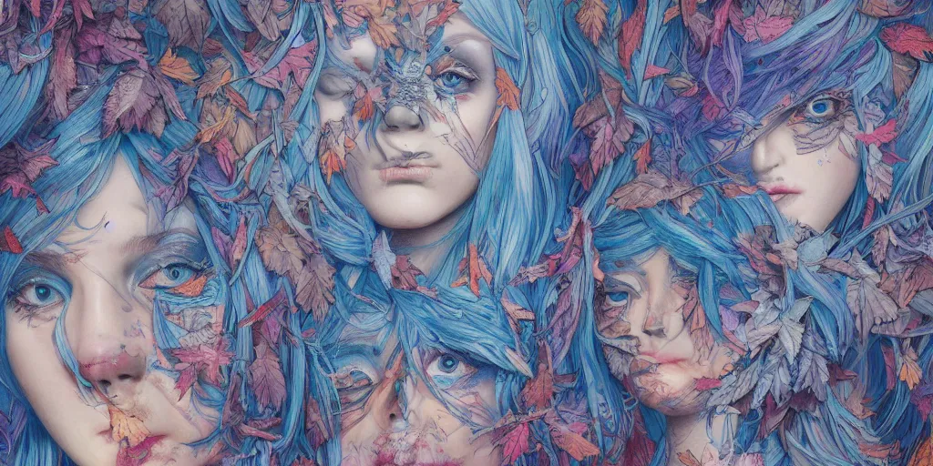 Image similar to breathtaking detailed concept art painting pattern with pastel colors of blue hair faces goddesses amalgamation autumn leaves, by james jean, bizarre compositions, exquisite detail, 8 k