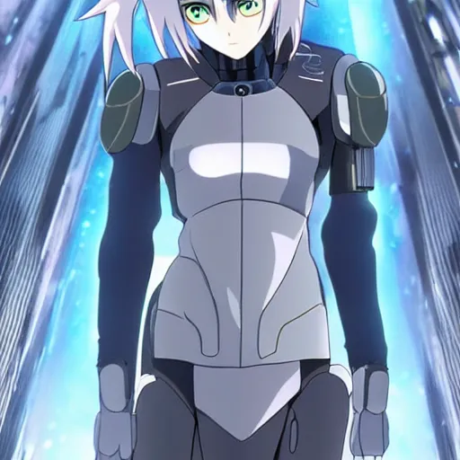 Prompt: anime cybord girl silver hair cool space suit, anime, ghost in the shell.