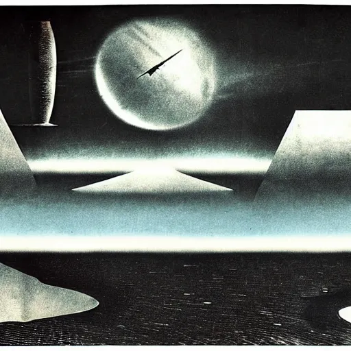 Prompt: surrealist collage of a massive mysterious futuristic colossal structure in an arctic landscape, dramatic cloudy night sky, by max ernst