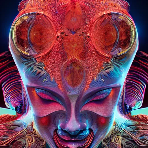 Image similar to Face of a Alien Deity, centered, corals, plume made of geometry, epic proportions, extremly detailed digital painting, sharp focus in the style of android jones, artwork of a futuristic artificial intelligence superstar with frames made of detailed circuits, mystical colors, rim light, beautiful lighting, 8k, stunning scene, raytracing, octane, under water visual distortion, dark tones colors, trending on artstation