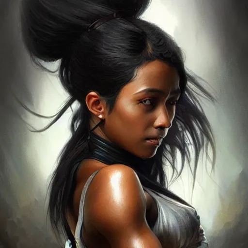 Prompt: a black haired muscular woman in a black tank top, muscular upper body, abs, D&D, fantasy, intricate, elegant, highly detailed, digital painting, artstation, concept art, smooth, sharp focus, illustration, art by artgerm and greg rutkowski and alphonse mucha