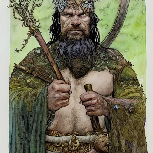 Prompt: a realistic and atmospheric watercolour fantasy character concept art portrait of urho kekkonen as a druidic warrior wizard looking at the camera with an intelligent gaze by rebecca guay, michael kaluta, charles vess and jean moebius giraud