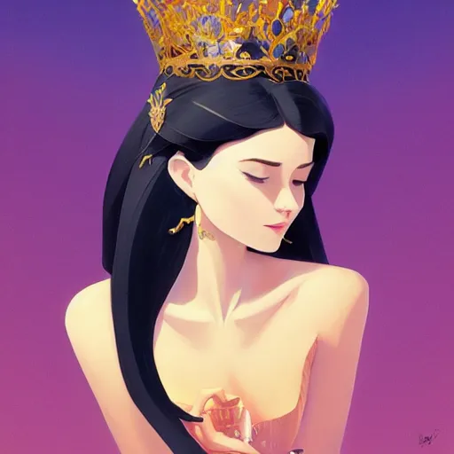 Image similar to stylized minimalist a beautiful black haired woman with pale skin and a crown on her head sitted on an intricate metal throne, loftis, cory behance hd by jesper ejsing, by rhads, makoto shinkai and lois van baarle, ilya kuvshinov, rossdraws global illumination,