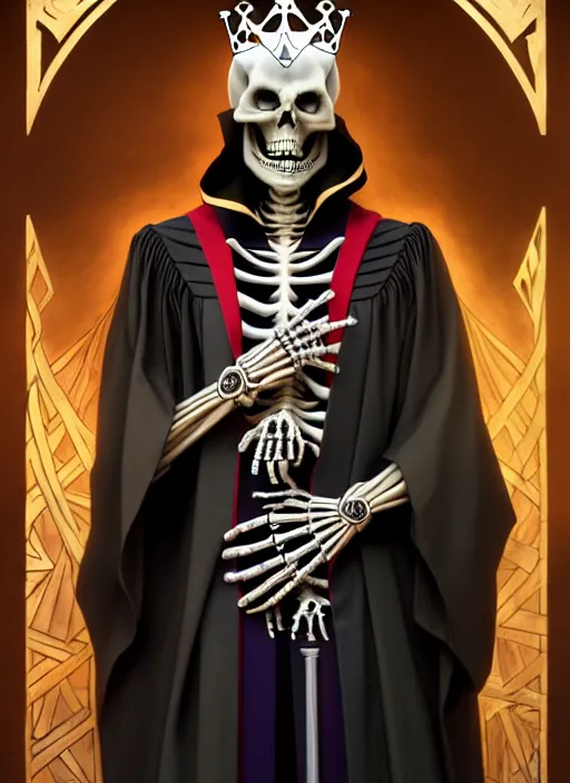 Image similar to undead skeleton king, wearing an academic gown, tarot card, highly detailed, deep focus, elegant, digital painting, smooth, sharp focus, illustration, ultra realistic, 8 k, art by artgerm and alphonse mucha and greg rutkowski