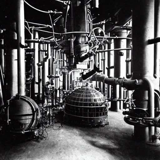 Prompt: old black and white photo, 1 9 1 3, depicting a dieselpunk lab with biomechanical aliens inside vats, historical record