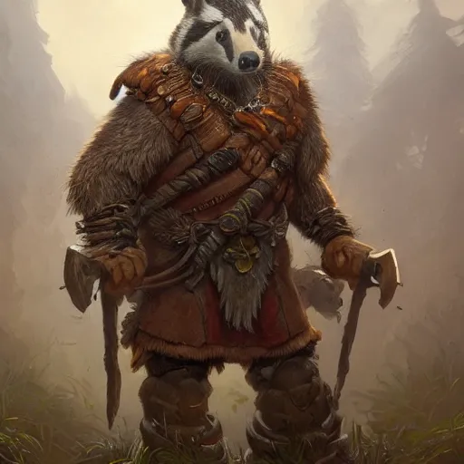 Prompt: a badger druid dressed with a wooden armor, by justin gerard and greg rutkowski, digital art, realistic painting, dnd, character design, trending on artstation, 4 k