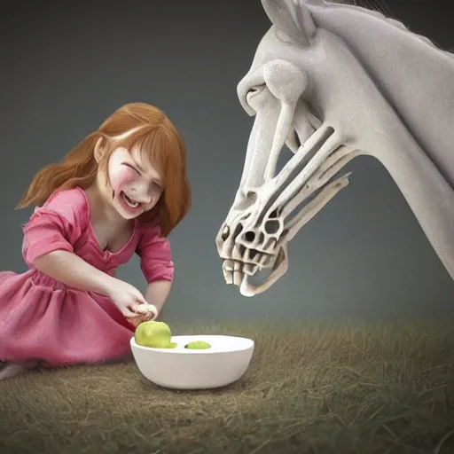 Prompt: a portrait of a little girl feeding an apple to a skeleton horse, the girl looks happy and have bright eyes and a porcelain face, matte painting 3 d watercolour rendering,