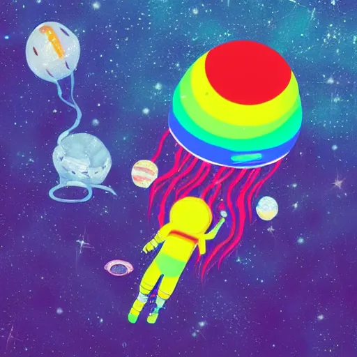 Prompt: “An astronaut floating in space while holding a rainbow colored alien jellyfish, digital art, 4k”