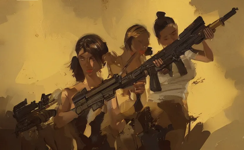 Prompt: a painting of gold, guns, and girls trending on artstation in the style of greg rutkowski