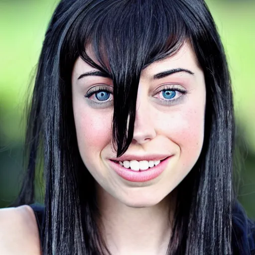 Prompt: a girl with long black hair, her face is a mix between aubrey plaza, krysten ritter and sarah hyland