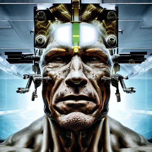 Prompt: beautiful Fine art photo portrait of enraptured Arnold Schwarzenegger as a solarpunk robotic god, white mechanical parts with led lights, photorealistic, white background, highly detailed and intricate, sunset lighting, HDR 8k