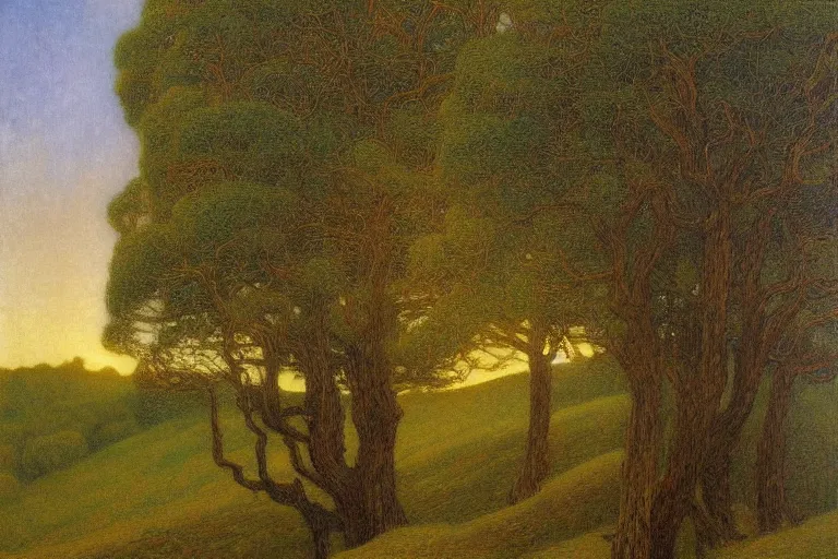 Image similar to masterpiece painting of oak trees on a hillside overlooking a creek, dramatic lighting, by jean delville