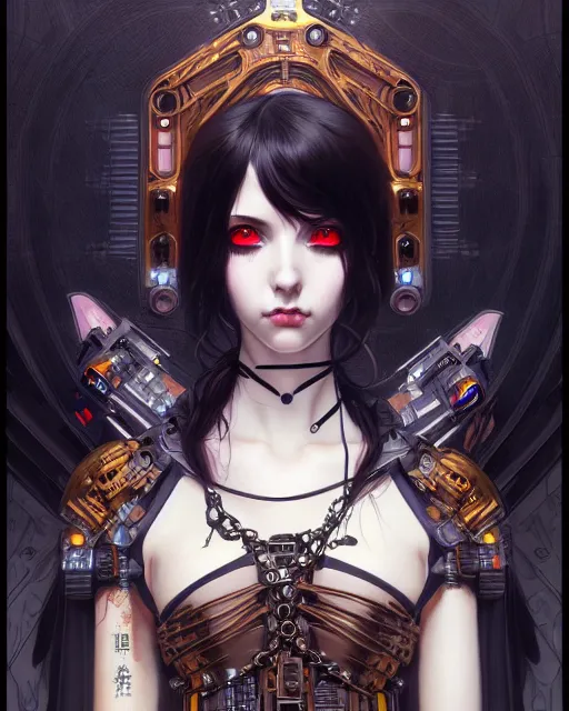 Image similar to portrait of cute beautiful young gothic maiden, cyberpunk, Warhammer, highly detailed, artstation, illustration, art by Gustav Klimt and Range Murata