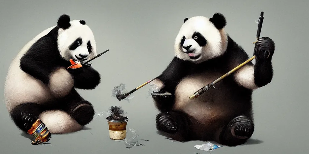 Image similar to Anthropomorphic panda smoking weed by Greg Rutkowski, Sung Choi, Mitchell Mohrhauser, trending on artstation, fine details