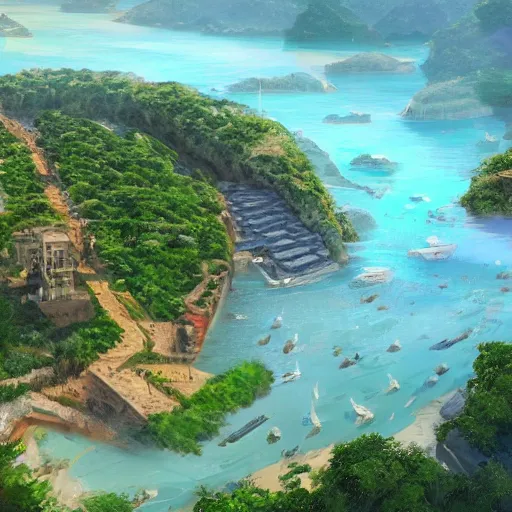 Image similar to Large port on the shore of the island with the jungle, 8k, detailed, concept art, trending on artstation