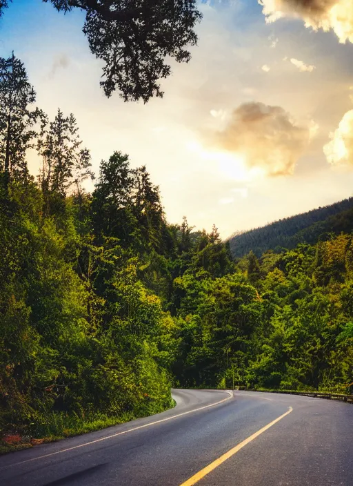 Image similar to a 2 8 mm macro photo of a winding mountain highway, fluffy clouds at sunset, lush greenery, splash art, movie still, bokeh, canon 5 0 mm, cinematic lighting, dramatic, film, photography, golden hour, depth of field, award - winning, anamorphic lens flare, 8 k, hyper detailed, 3 5 mm film grain, hazy