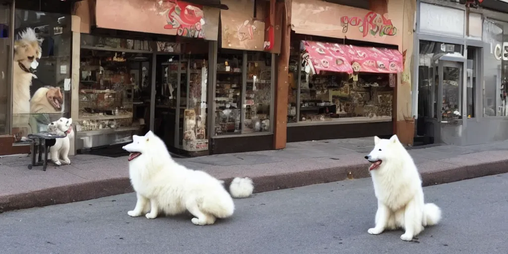 a samoyed eating ice cream in front of a store, looks | Stable